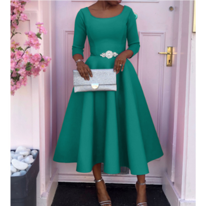 Damen Midi-Kleid Rundhalsausschnitt Einfach