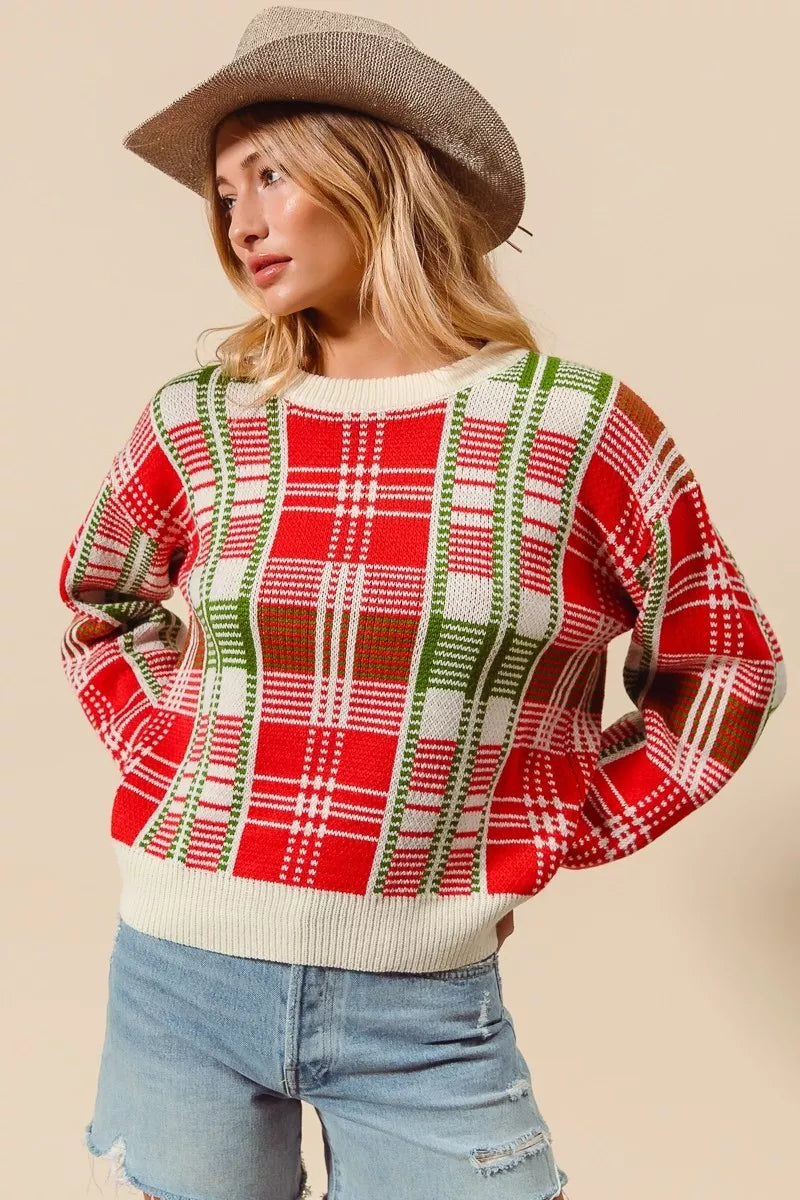 Weihnachtspullover Damen Karierter Rot Grün Rundhals