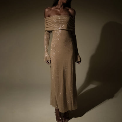 Damen Glitzerndes Off-Shoulder Maxikleid Abendkleid