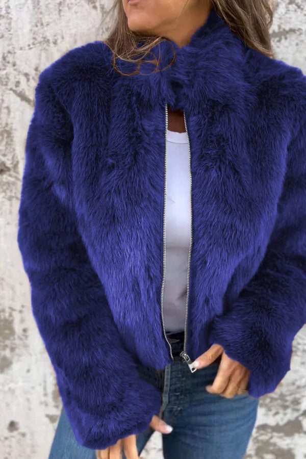 Damen Kunstpelzjacke Rollkragen Reißverschluss