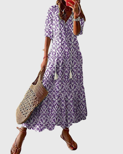 Damen Boho Maxikleid V-Ausschnitt