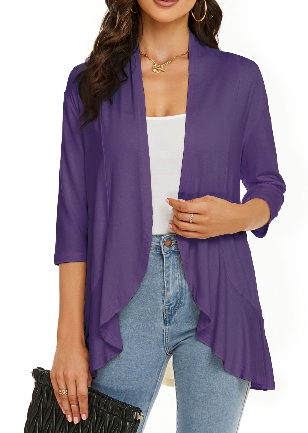 Norvielle Damen Strickjacke Einfarbig 3/4 Ärmel Rüschenrand