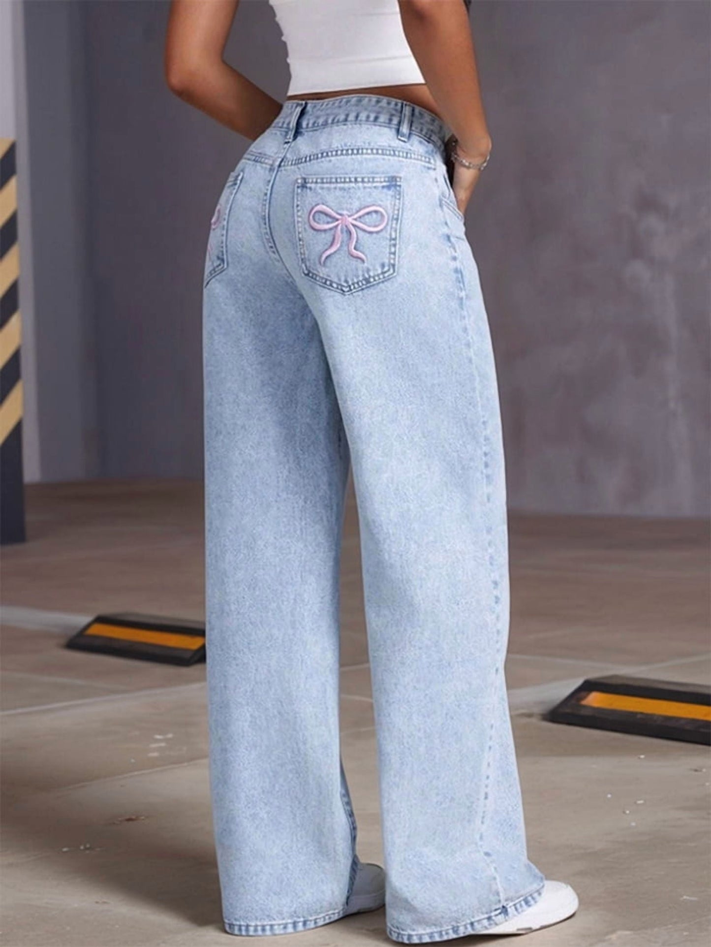 Damen High Waist Jeans Schleifendetail dunkelblau