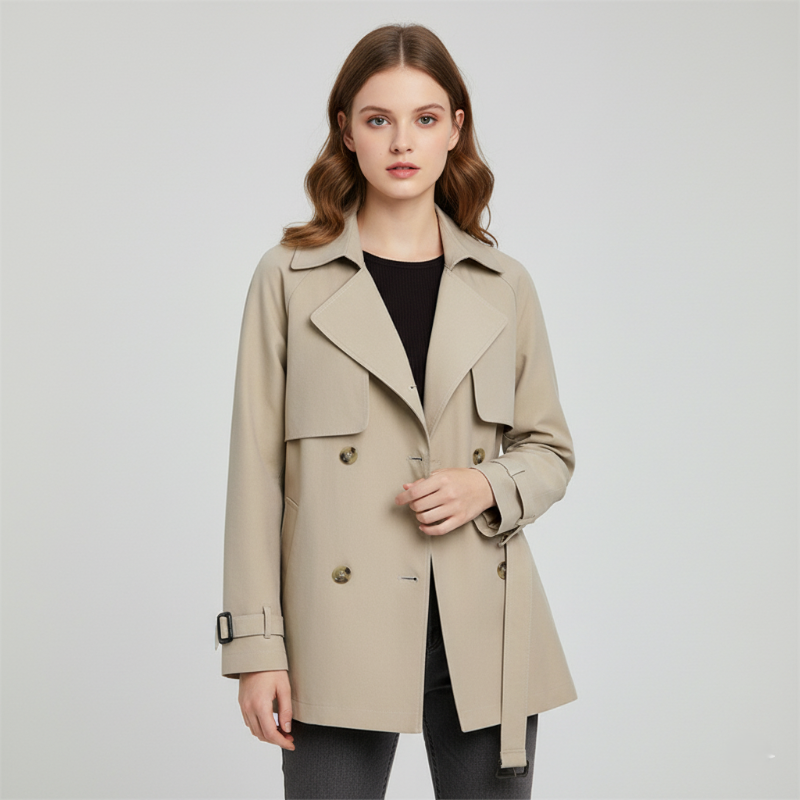 Norvielle Damen Trenchcoat Doppelreihig Gürtel Tailliert