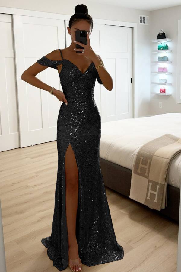 Norvielle Damen Abendkleid Paillettenspitze Off-Shoulder