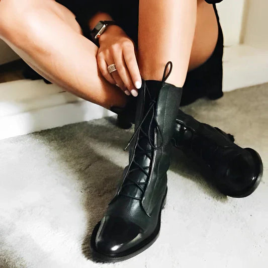 Damen Stiefeletten Leder Schnürverschluss Schlank Schwarz - Norvielle