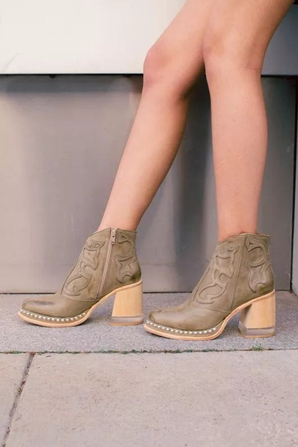 Damen Western Stiefeletten Nude Blockabsatz Nieten