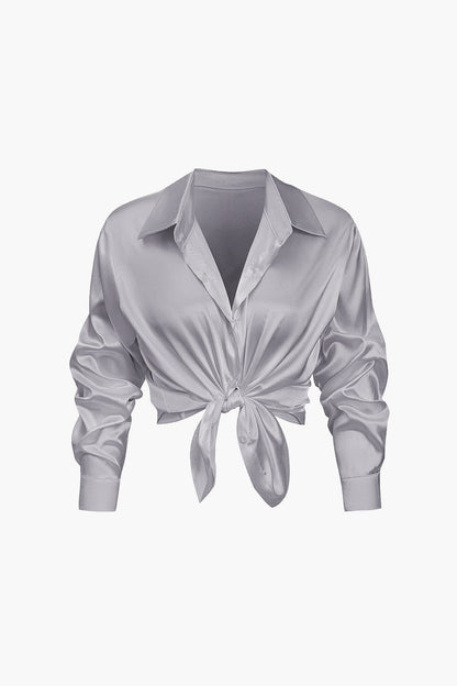 Elegante Damen Langarmbluse Seidiger Satin