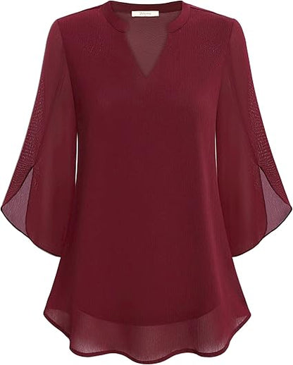 Damen Chiffon Bluse Doppelschicht Leicht Rosa