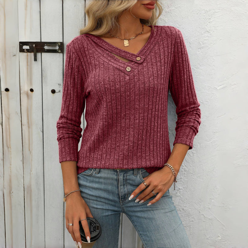 Damen Strickpullover V-Ausschnitt Knopfleiste