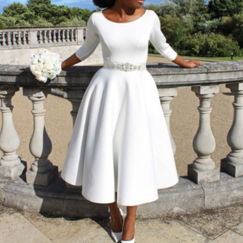 Damen Midi-Kleid Rundhalsausschnitt Einfach