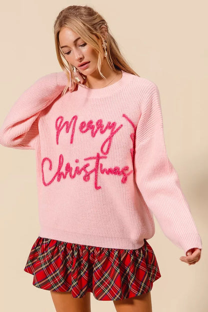 Damen Weihnachtspullover Rosa Glitzer Schriftzug