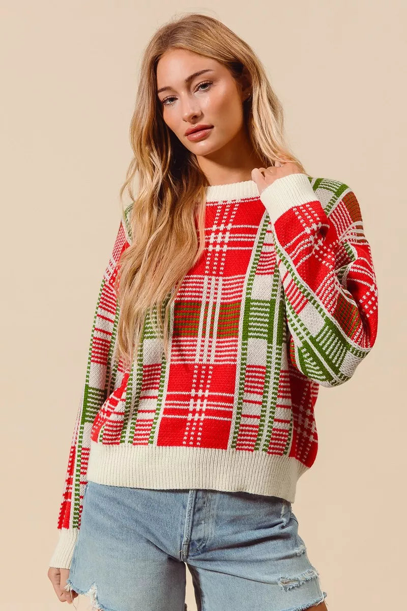 Weihnachtspullover Damen Karierter Rot Grün Rundhals