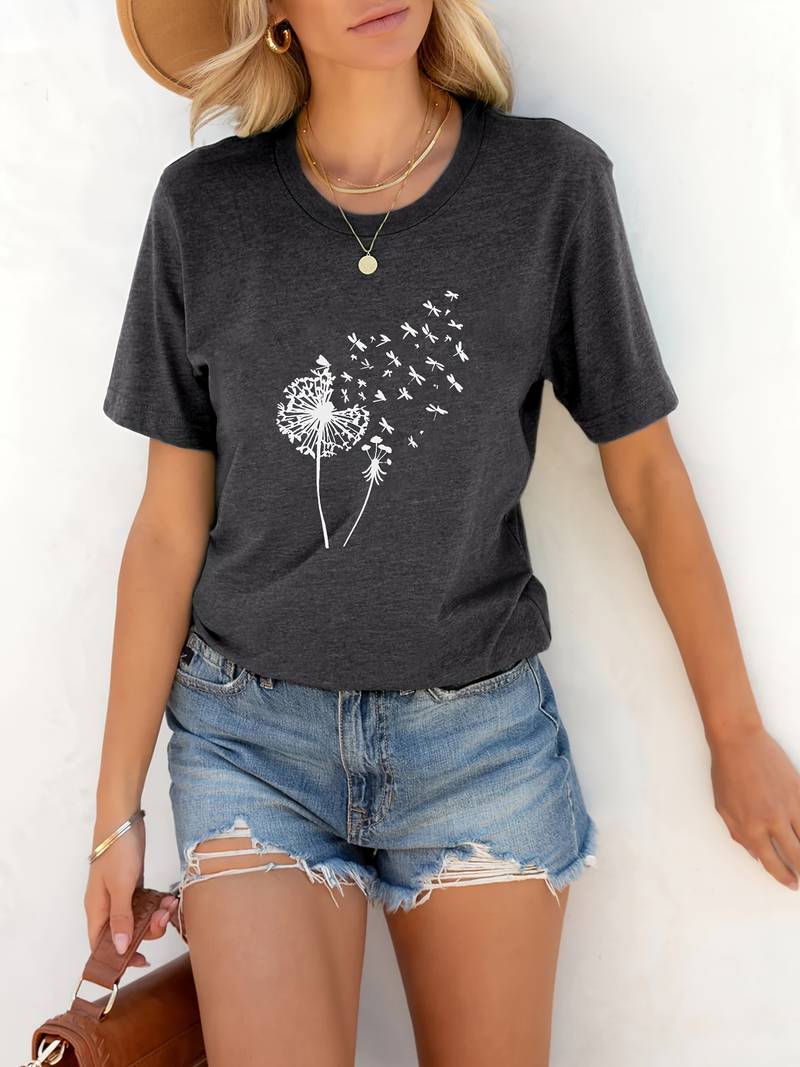 Norvielle Damen T-Shirt Löwenzahn-Print Rundhals Weiss