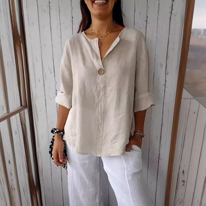 Damen T-Shirt V-Ausschnitt Baumwolle Lockeres Weiß