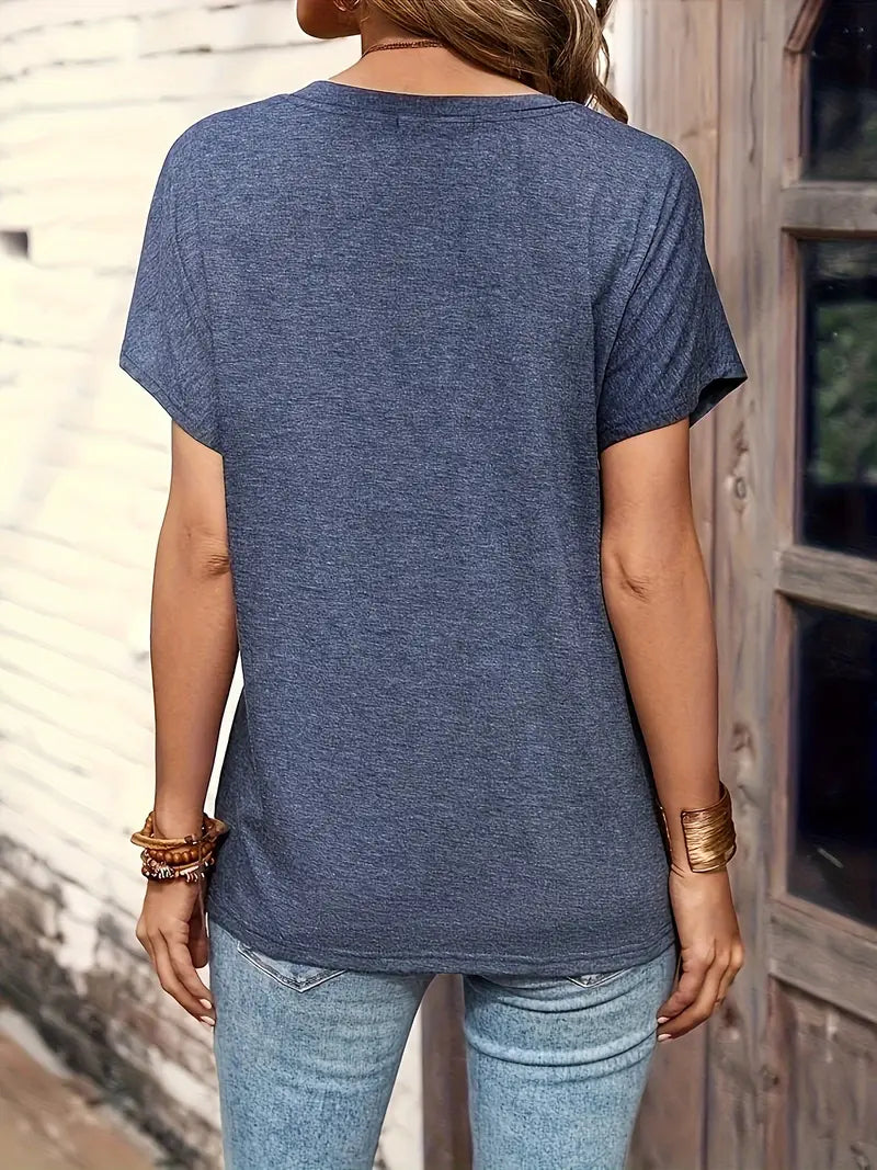 Damen Casual Shirt Rundhals HalbkNOPFleiste Kurzärmel