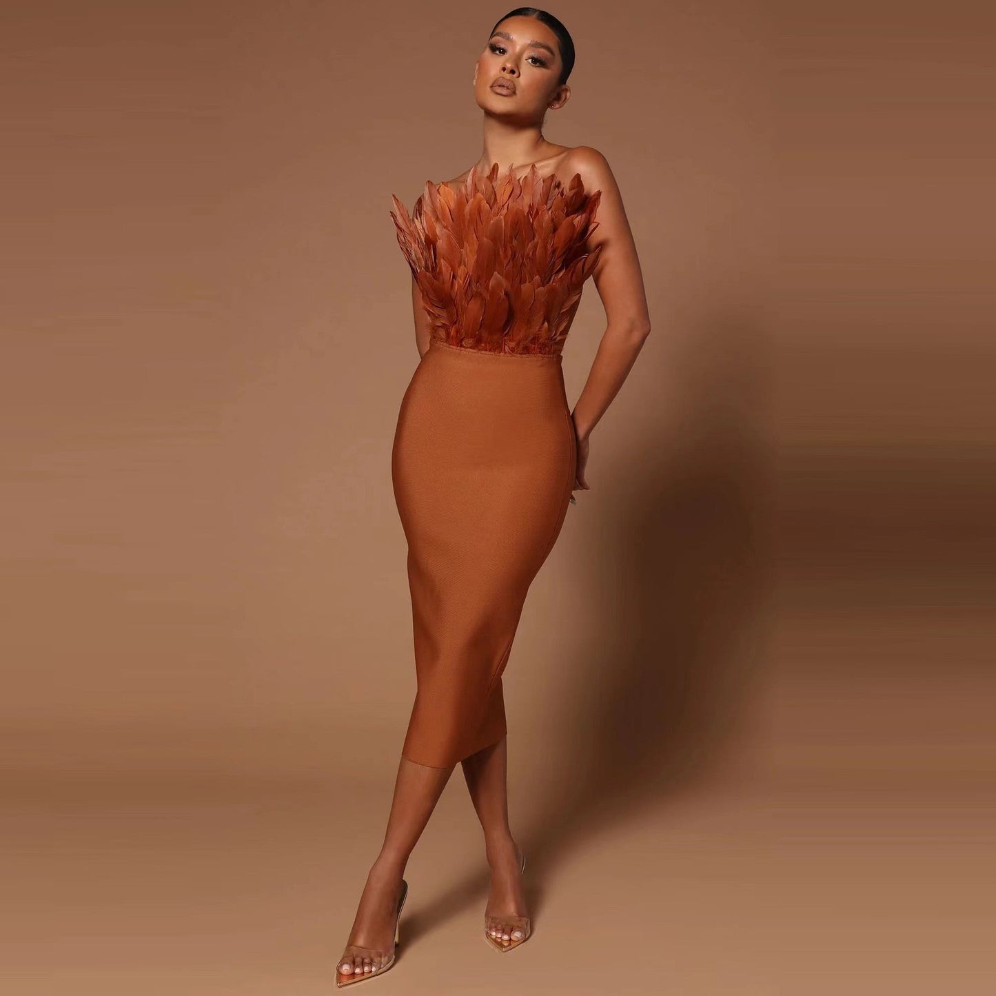 Norvielle Damen Tube--Kleid Federbesatz Elegantes Kleid