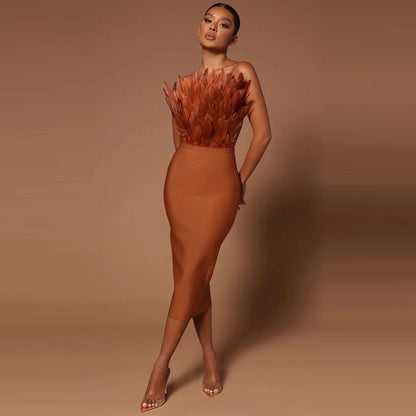 Norvielle Damen Tube--Kleid Federbesatz Elegantes Kleid