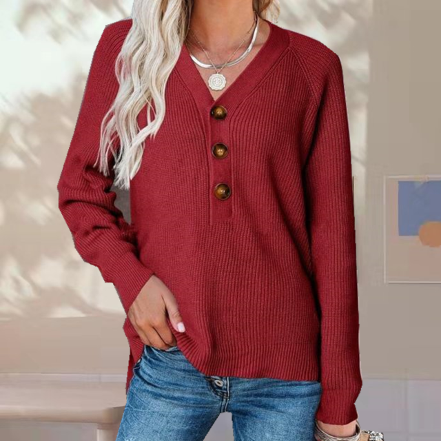 Damen Strickpullover V-Ausschnitt Teil-Knopfleiste - Norvielle