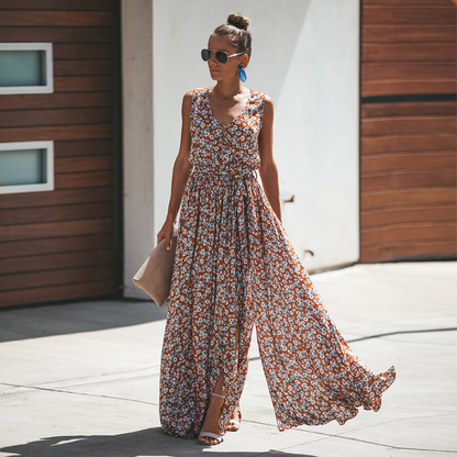 Damen Ärmelloses Maxikleid Blumenprint Baumwolle Elegant