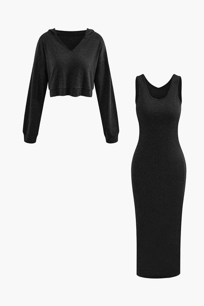 Damen Zweiteiler-Set Hoodie Midi-Kleid Lässig