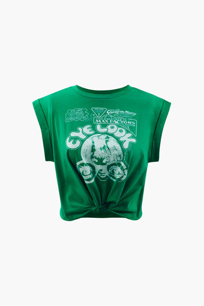 Damen Crop-T-Shirt Grafikdruck Hochgekrempelte Ärmel Knotendetail
