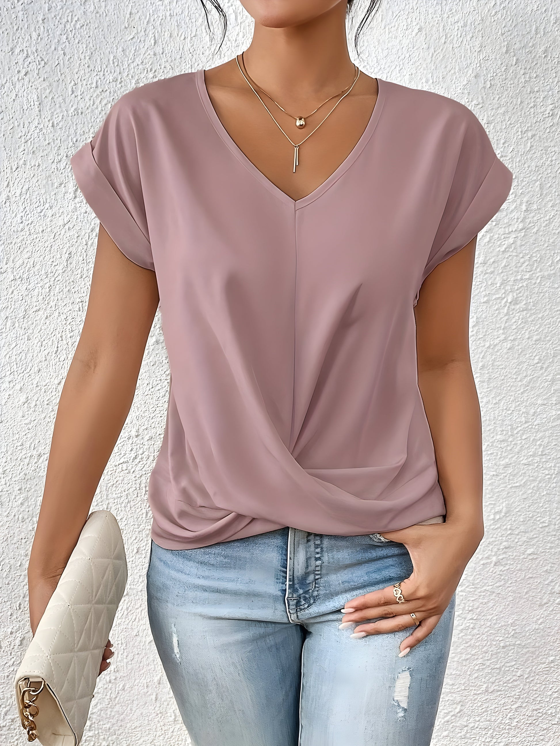 Damen T-Shirt V-Ausschnitt Kurzarm Einfarbig - Norvielle