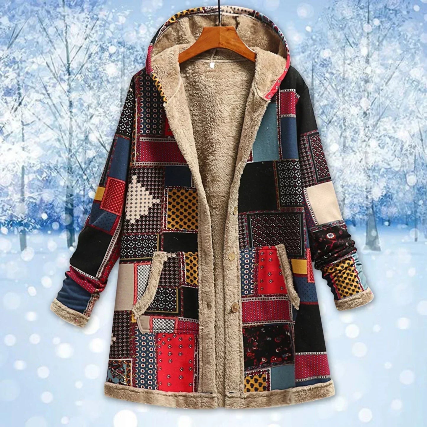 Damen Patchwork Jacke mit Kapuze Fleece-Futter Knopfverschluss - Norvielle