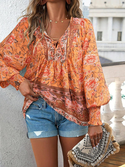 Damen Boho Bluse Blumenmuster Lange Ärmel Bindekragen