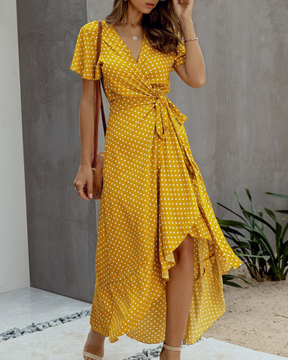Damen Blumenkleid V-Ausschnitt Rüschen Sommerlich Elegantes Design