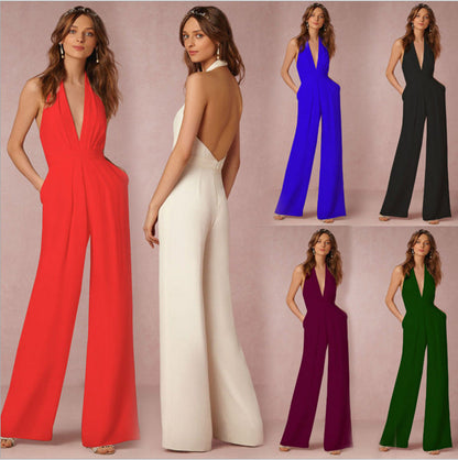Damen Jumpsuit Elegantes Design Tiefes Dekolleté Weite Beine Schwarz - Norvielle