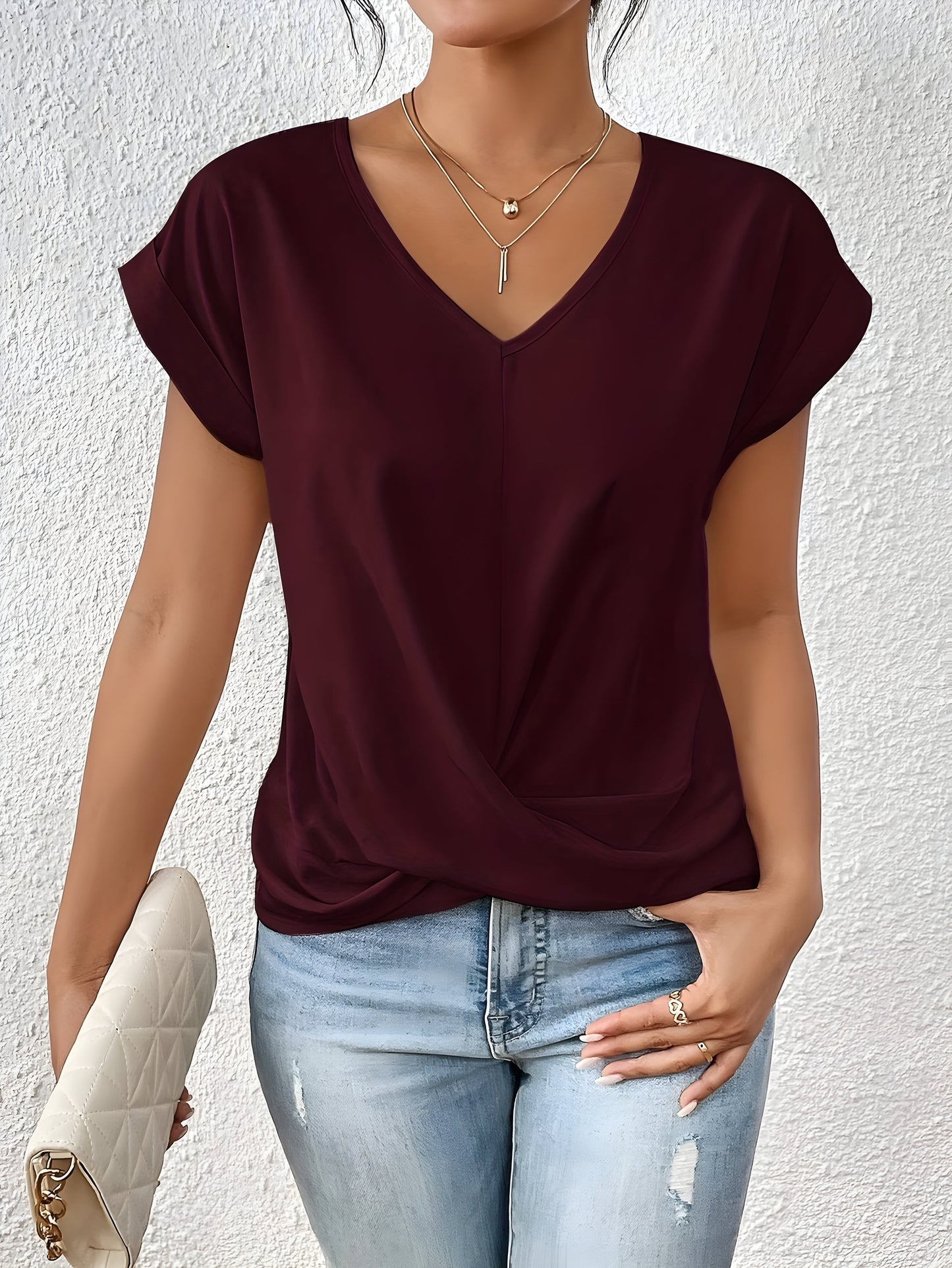 Damen T-Shirt V-Ausschnitt Kurzarm Einfarbig