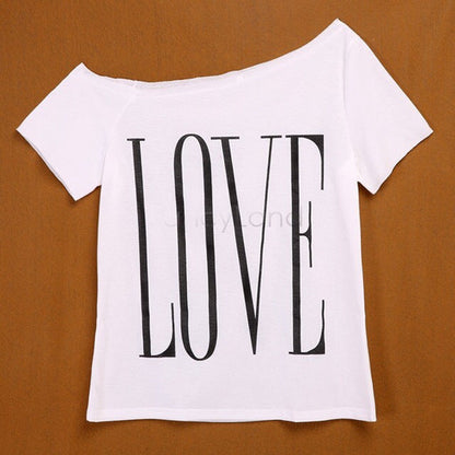 Damen Off-Shoulder T-Shirt Großer Schriftzug Norvielle