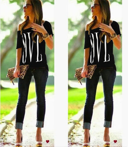 Damen Off-Shoulder T-Shirt Großer Schriftzug Norvielle