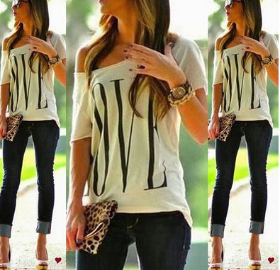 Damen Off-Shoulder T-Shirt Großer Schriftzug Norvielle - Norvielle