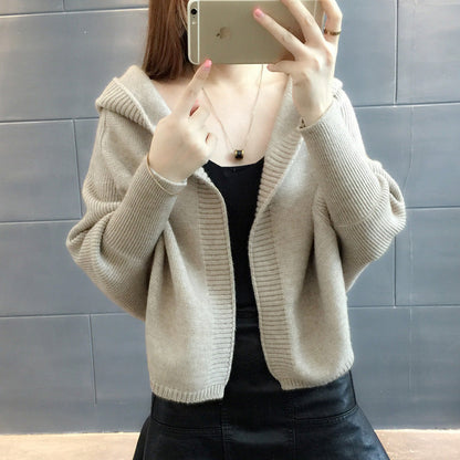 Damen Strickjacke Leicht Kapuze Beige - Norvielle