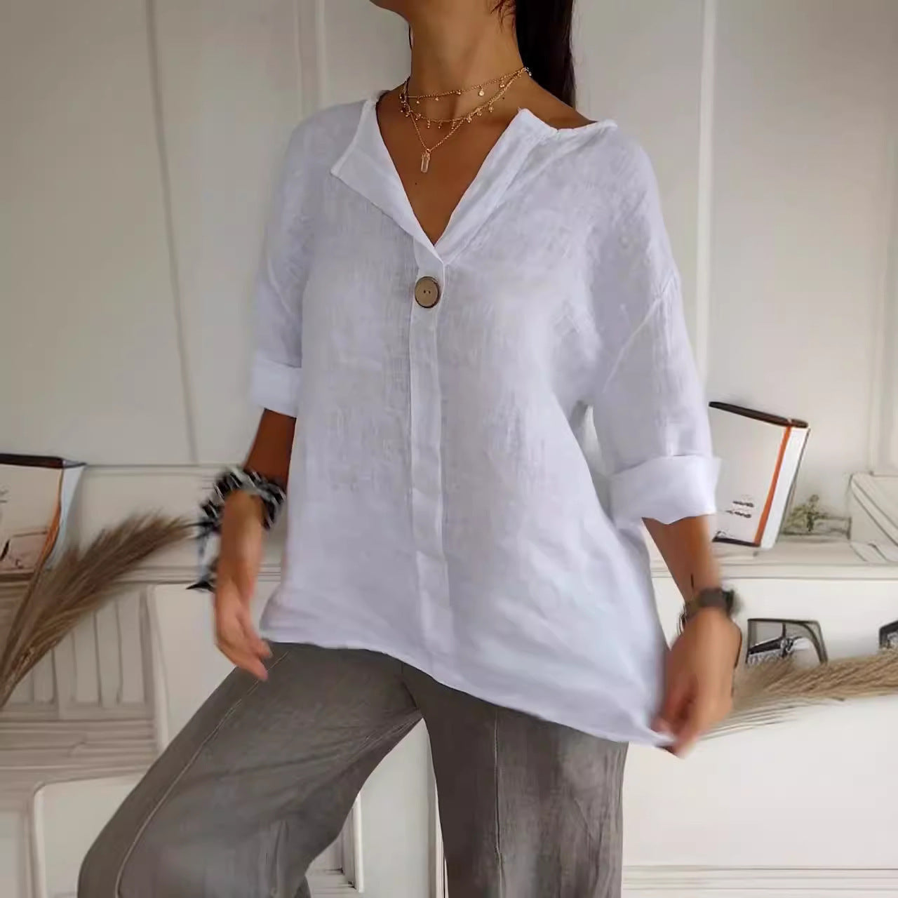 Damen T-Shirt V-Ausschnitt Baumwolle Lockeres Weiß