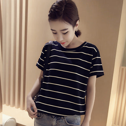 Damen T-Shirt Gestreift Kurzärmelig Lässig Weiß