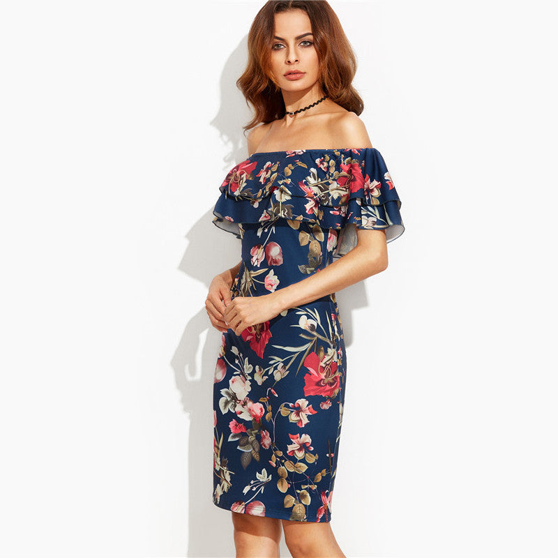 Damen Blumenkleid Off-Shoulder Voluminöse Rüschen Norvielle