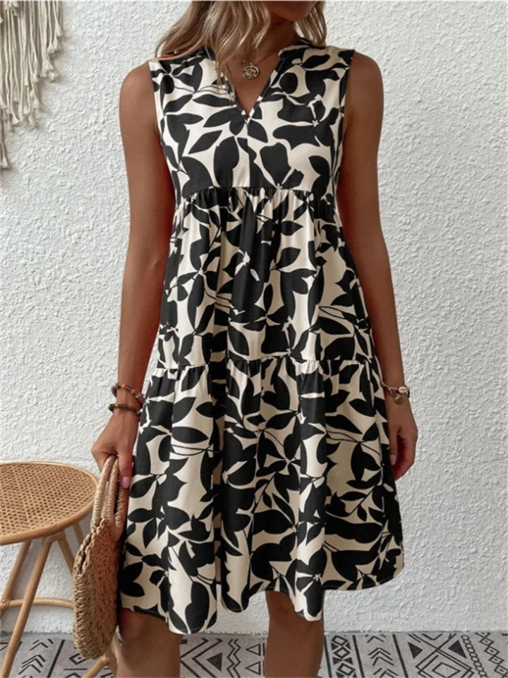 Damen Sommerkleid Ärmellos Blattmuster