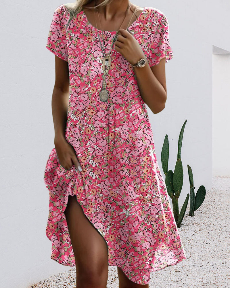 Damenkleid Rundhals Kurzarm Blumenmuster - Norvielle