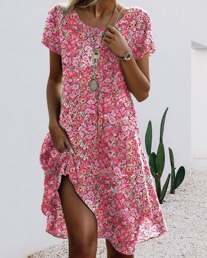 Damenkleid Rundhals Kurzarm Blumenmuster - Norvielle