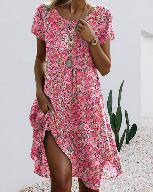 Damenkleid Rundhals Kurzarm Blumenmuster - Norvielle