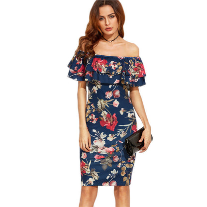 Damen Blumenkleid Off-Shoulder Voluminöse Rüschen Norvielle