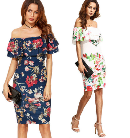 Damen Blumenkleid Off-Shoulder Voluminöse Rüschen Norvielle - Norvielle
