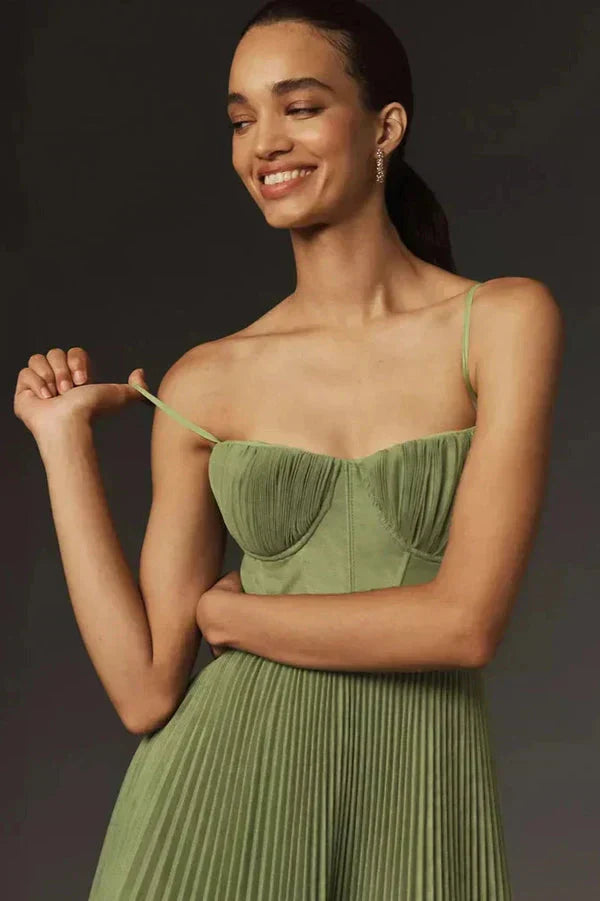 Damen Maxi Kleid mit Trägern Faltenrock