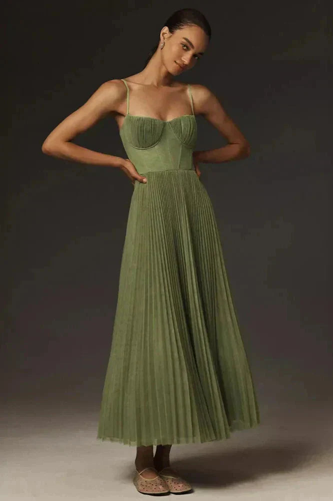 Damen Maxi Kleid mit Trägern Faltenrock Schwarz - Norvielle