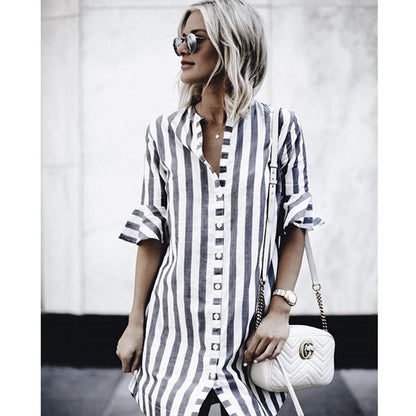 Damen Kleid mit Streifen und Rüschendetails Knopfverschluss