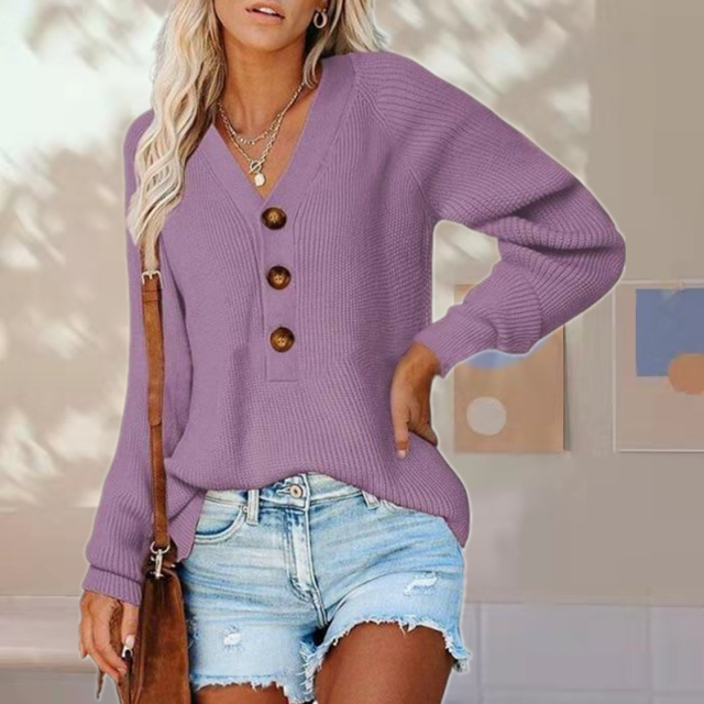 Damen Strickpullover V-Ausschnitt Teil-Knopfleiste