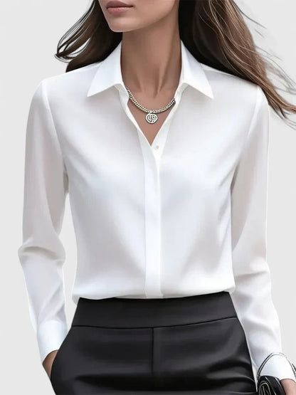 Damen Satin Bluse Mit Knopfleiste Weiß